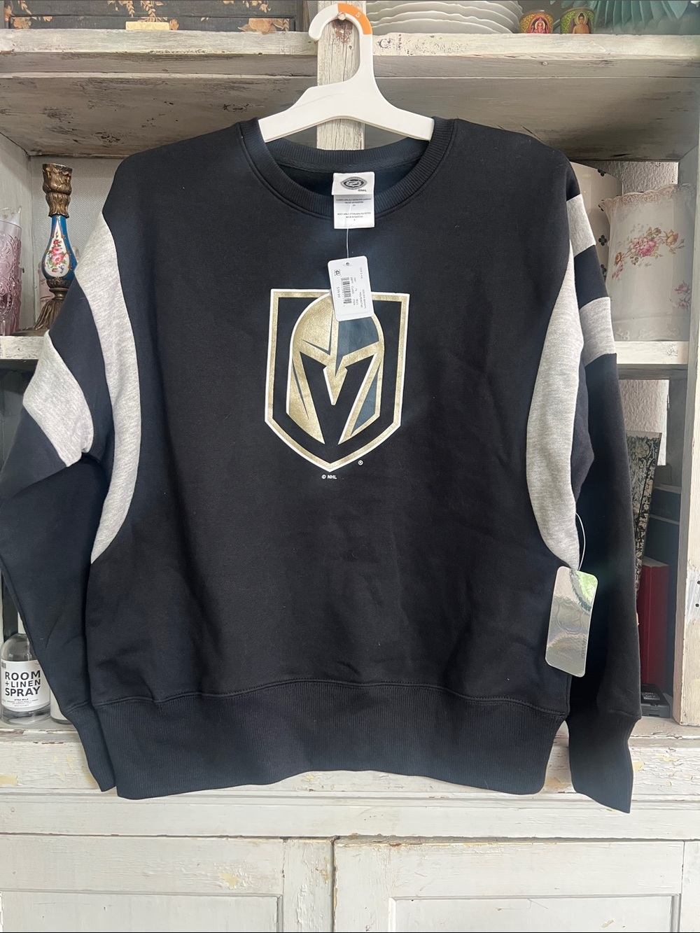 NHL Golden Knights Black Crewneck Sweatshirt Gray Panels and Gold Shield Logo